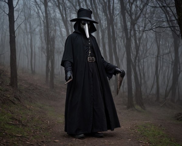 Mysterious Figure in Foggy Forest with Cloak and Mask