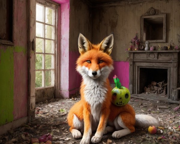 Majestic orange fox in a decaying, vibrant room