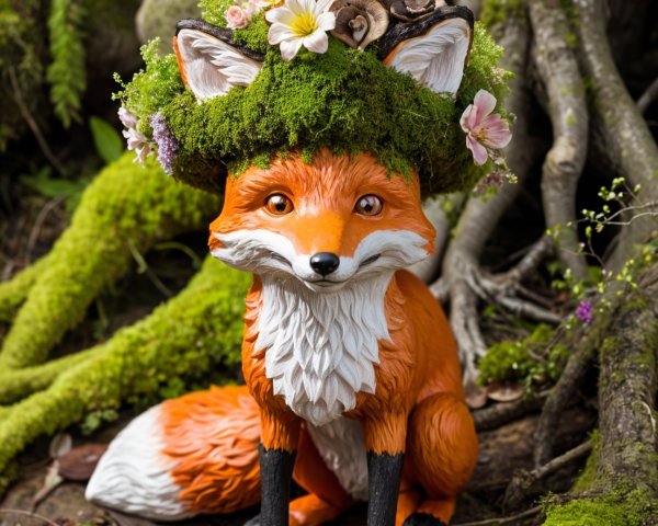 Charming Fox Sculpture with Floral Crown on Moss