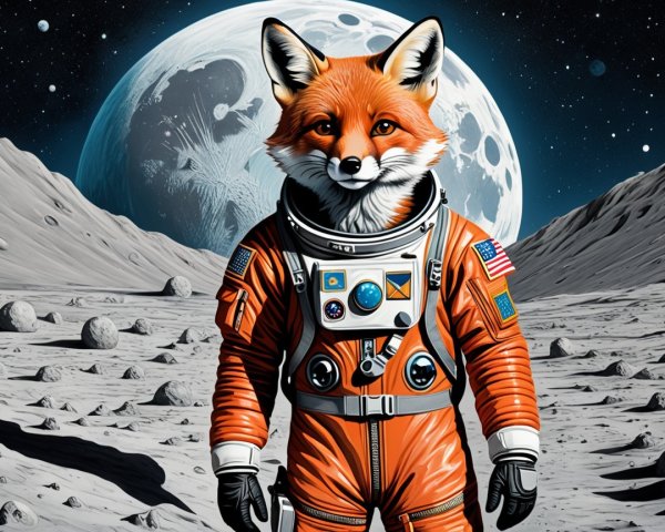 Fox in Orange Astronaut Suit on Lunar Landscape
