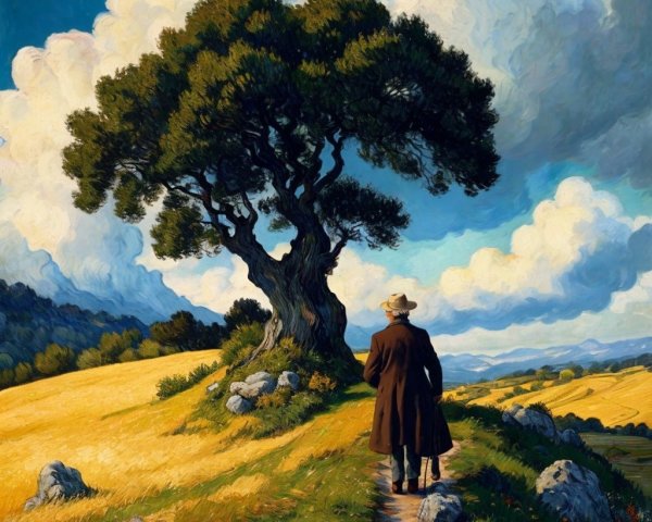 Man in coat walks through golden field landscape