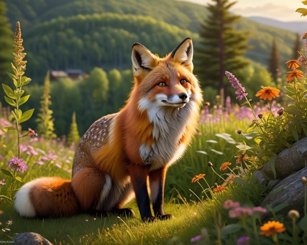 Anthropomorphic fox in a colorful meadow at sunset
