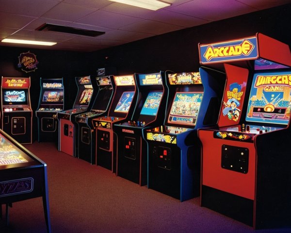 Nostalgic arcade scene with classic cabinets and neon lights