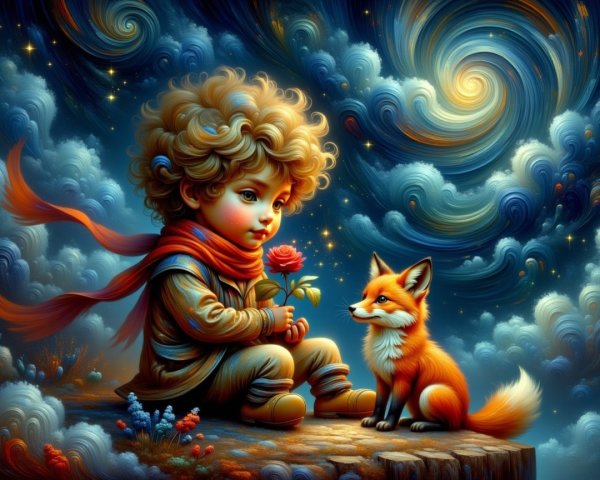 Child with rose and fox in a whimsical landscape