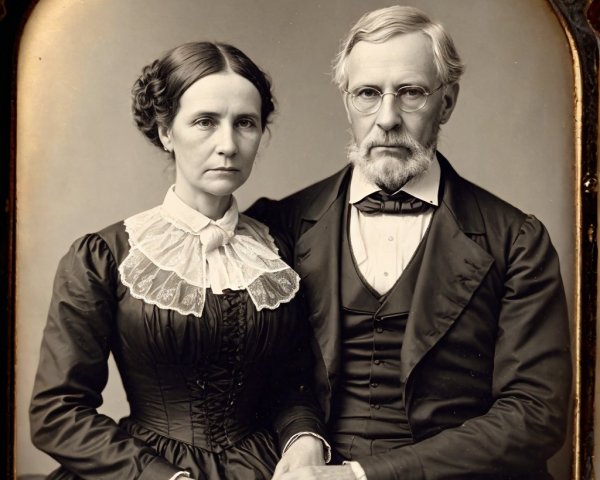 Somber Victorian Couple in Elegant Attire and Sepia Tone