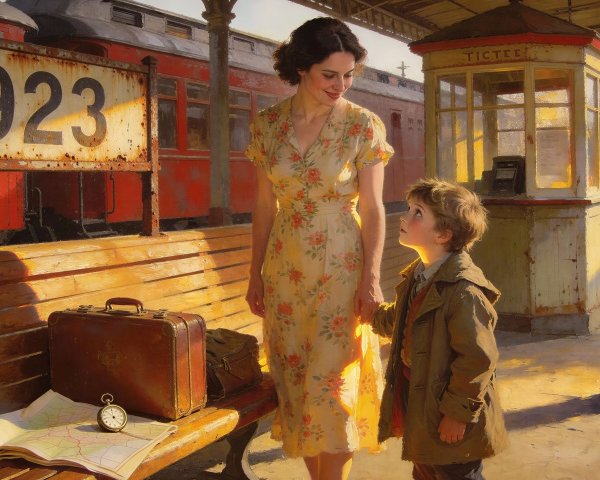 Woman and boy on train platform with vintage elements