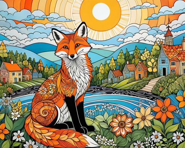 Stylized fox by river in vibrant floral landscape