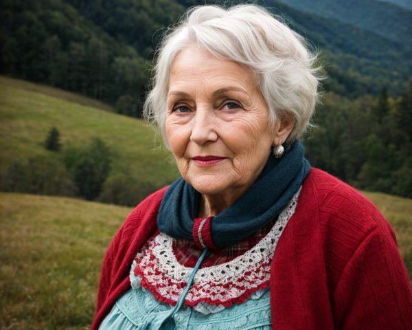 Elderly Woman in Scenic Valley with Rolling Hills