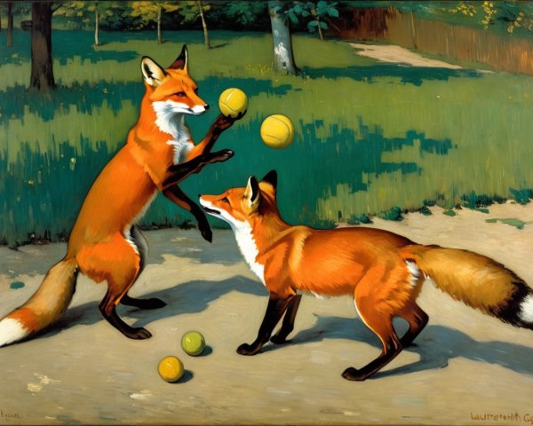 Playful foxes juggling in a vibrant natural setting