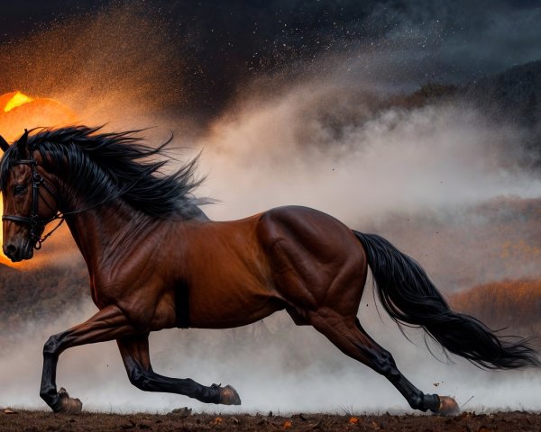 Majestic Brown Horse Galloping in Misty Landscape