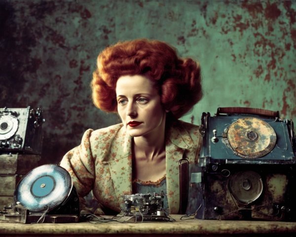 Redhead Woman Surrounded by Antique Machinery and Tools