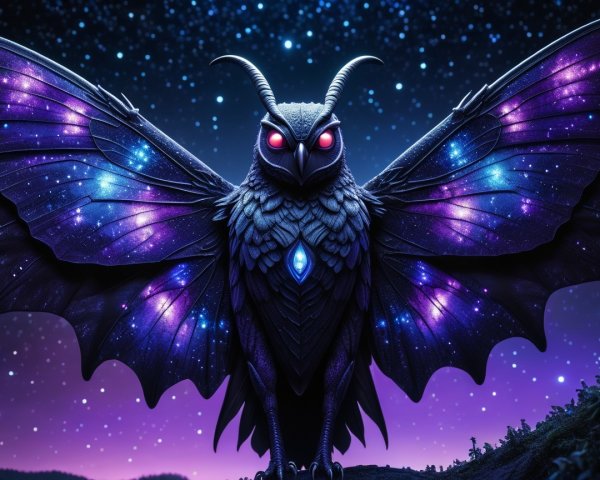 Cosmic Owl with Multicolored Wings in Night Sky