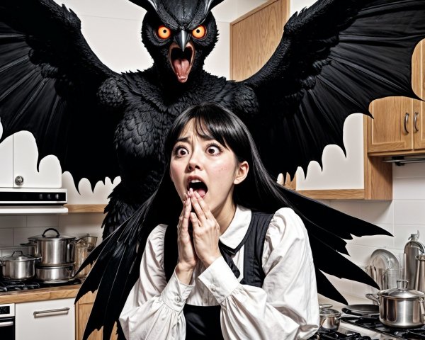 Woman in Shock Facing Menacing Mythical Creature