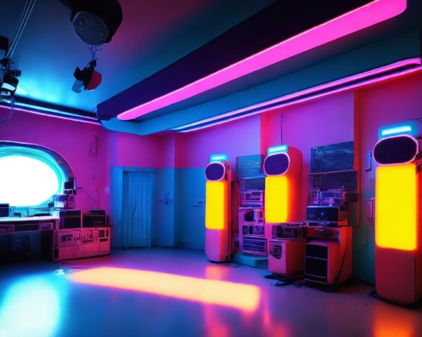 Futuristic Room with Neon Lights and Modern Technology