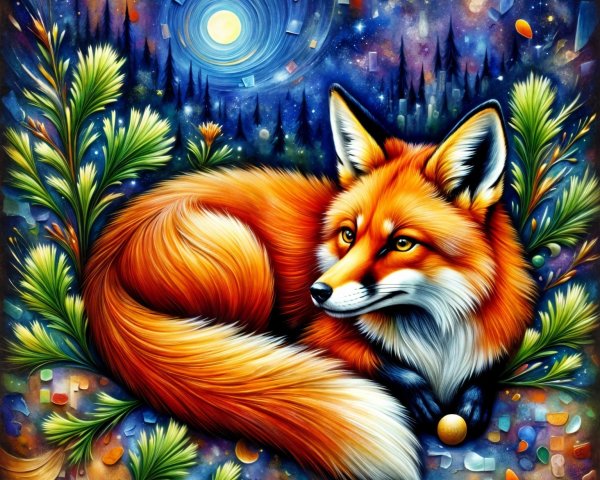 Colorful fox in a vibrant night landscape with stars
