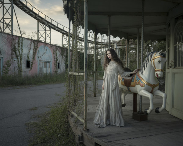 Abandoned Amusement Park with Vintage Gown and Carousel