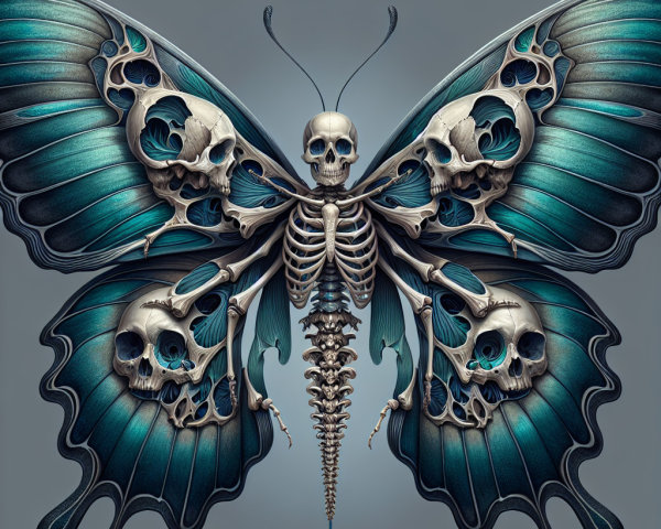 Intricate Butterfly Design with Teal Wings and Skulls