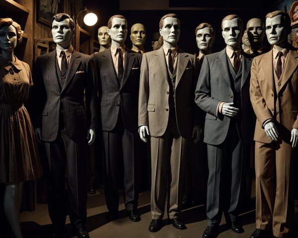 Vintage Mannequins in Formal Attire in Dim Room