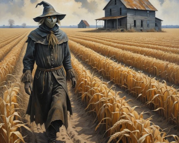 Sinister Scarecrow in Golden Cornfield Landscape