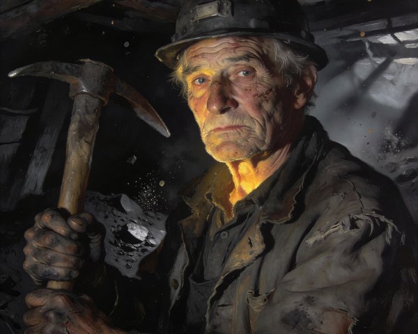 Hyper-realistic painting of an elderly miner in a coal mine