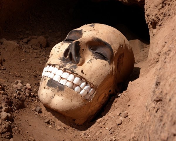 Human skull partially buried in soil with painted features