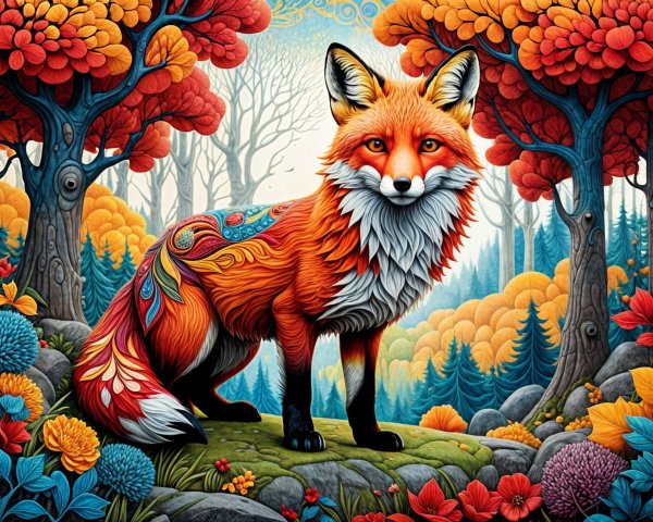 Illustration of a fox in a colorful autumn forest