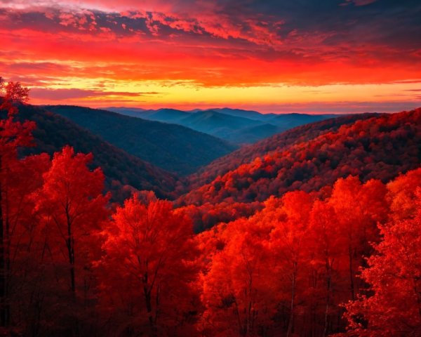 Vibrant Sunset Landscape with Autumn Foliage and Hills
