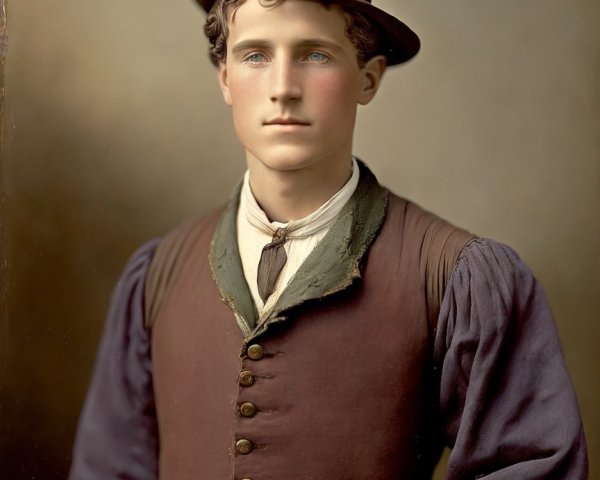Vintage Portrait of a Young Man in Dark Vest and Hat