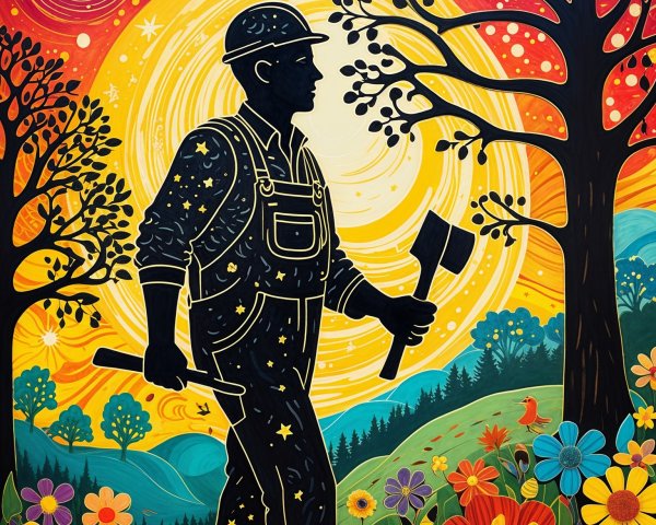 Vibrant Worker Silhouette in Whimsical Nature Scene