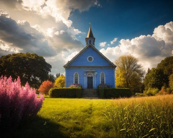Charming Blue Church in Vibrant Natural Landscape