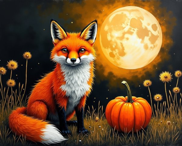 Whimsical Fox in a Moonlit Field with Pumpkin
