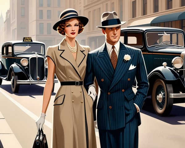 1940s Fashion: Stylish Couple Walking in City Street