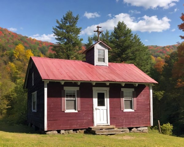 Rustic red cabin in autumn forest setting with blue sky