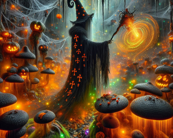 Mystical Forest Scene with Wizard and Enchanted Elements