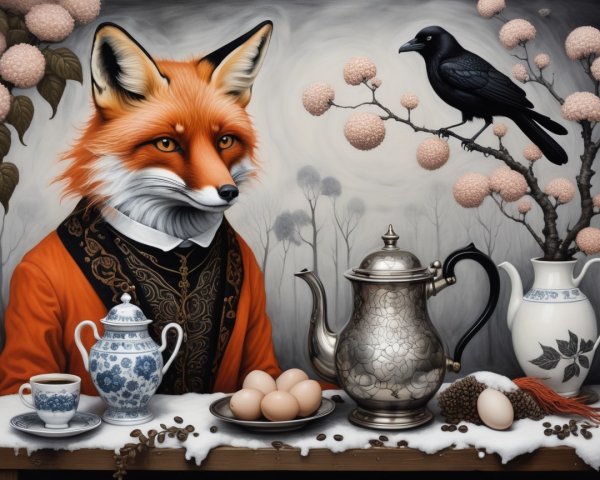 Whimsical scene with a fox in a jacket and teapot