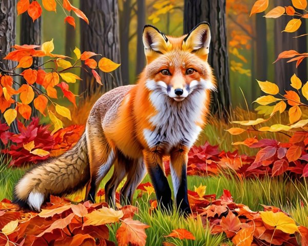 Red Fox Among Autumn Leaves in Forest Setting