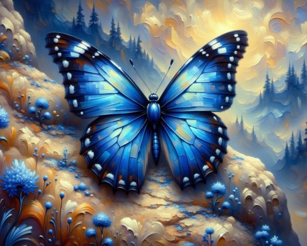 Blue Butterfly with Detailed Wings in Serene Landscape