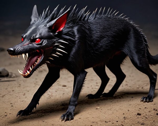 Menacing black dog-like creature with spikes and red eyes