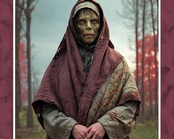 Haunting Figure in Dark Cloak Amid Autumn Forest