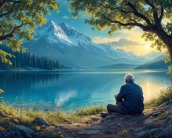 Serene Lake Landscape with Mountains and Sunset Reflection