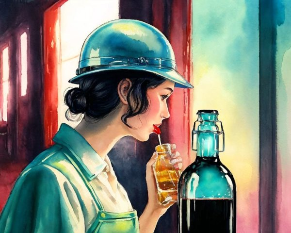 Young Woman in Helmet Sipping Orange Drink in Soft Light