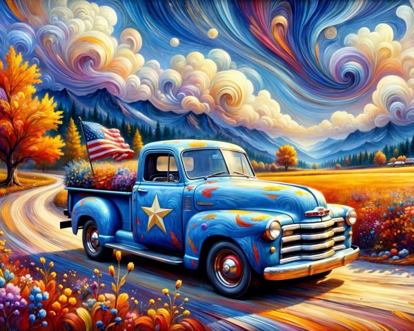 Vintage blue truck on autumn road with mountains