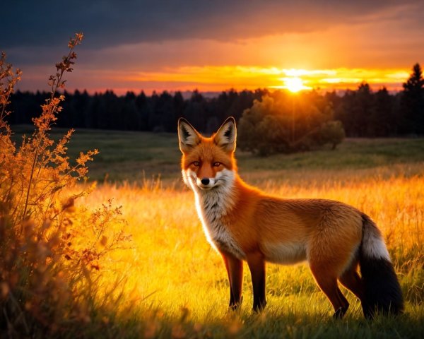 Red Fox in Golden Field at Sunset