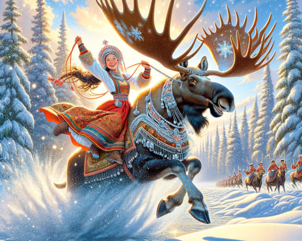 Woman in Traditional Attire Riding Moose in Snowy Landscape