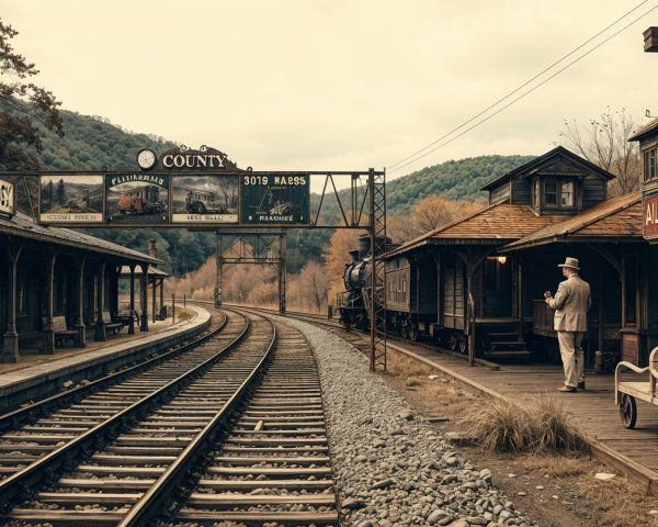 Vintage Train Station with Historical Features and Landscape