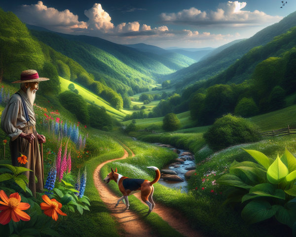 Serene Landscape with Hills, Wildflowers, and Stream