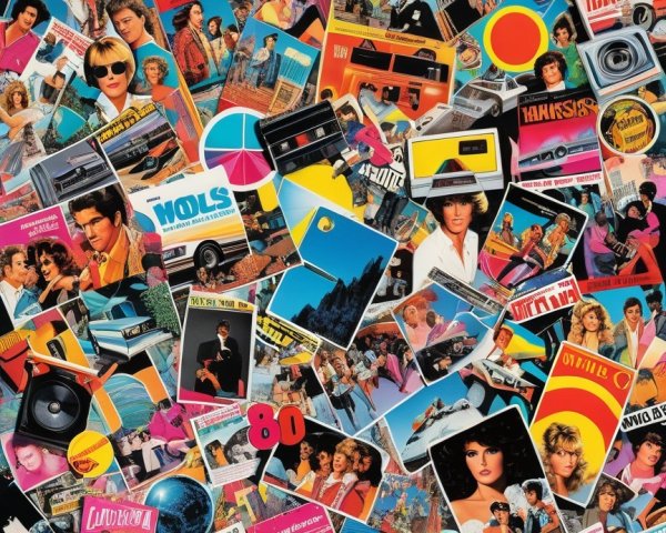 Vibrant 1980s Collage with Nostalgic Pop Culture Elements