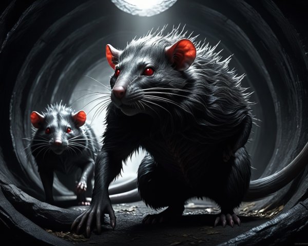 Eerie Anthropomorphic Rats in a Dimly Lit Tunnel