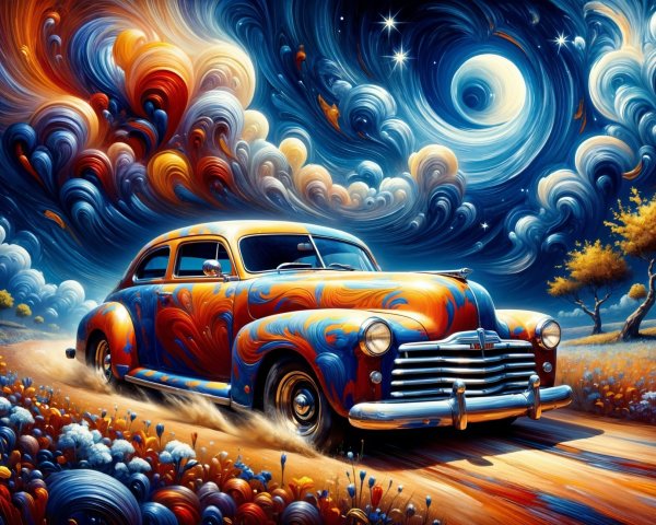 Vibrant Landscape with Classic Car and Colorful Flowers