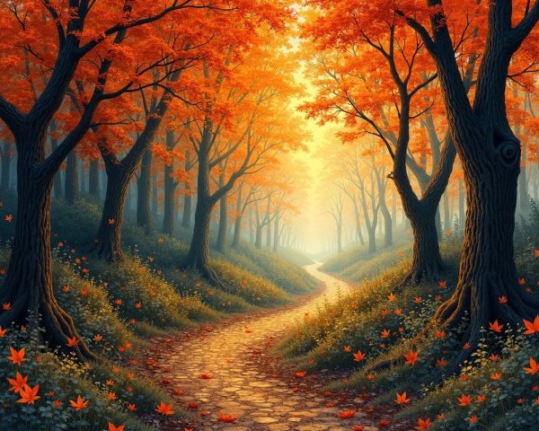 Autumn Forest Path with Vibrant Leaves and Sunlight